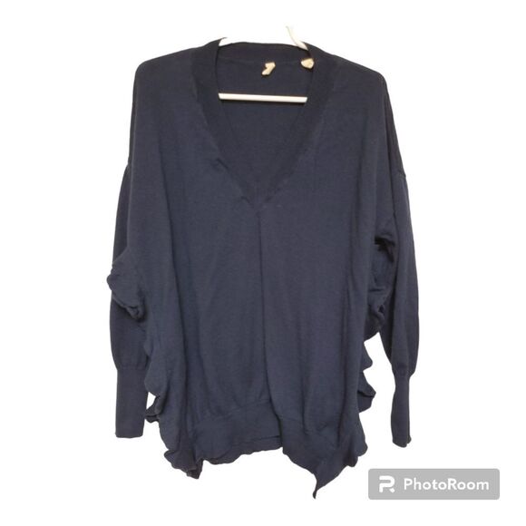 Moth Navy Wool Cotton Ruffle Slit V-Neck Sweater Medium - Picture 2 of 8